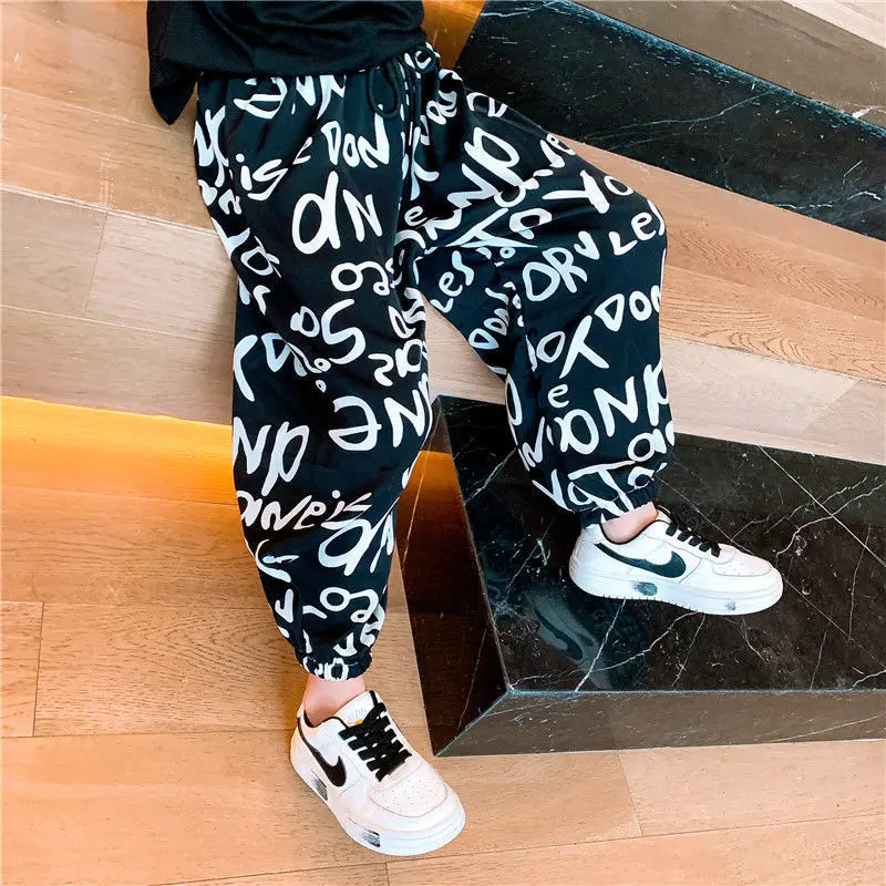 

2022 Summer New Child Clothes Girls Sweatpants Child Baby Letter Printed bloomers loose ice silk Trousers Pencil Pants 13 years