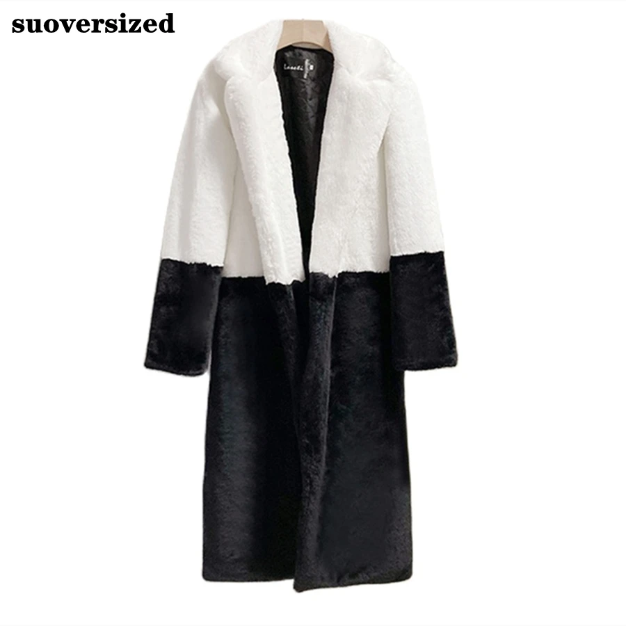 Oversized 5XL Winter Faux Mink Fur Long Coat Womens Spliced Warm Thick Overcoat Casual Loose Plush Soft Outwear Top Jackets