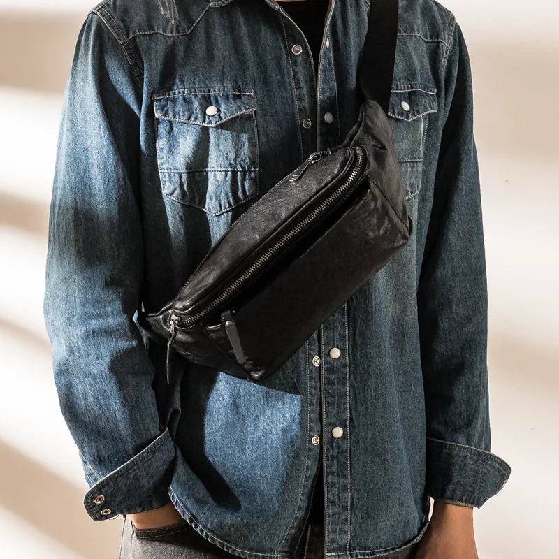 Vintage fashion first layer cowhide men's black messenger bag daily outdoor sports summer light hot sale soft cowhide chest bag