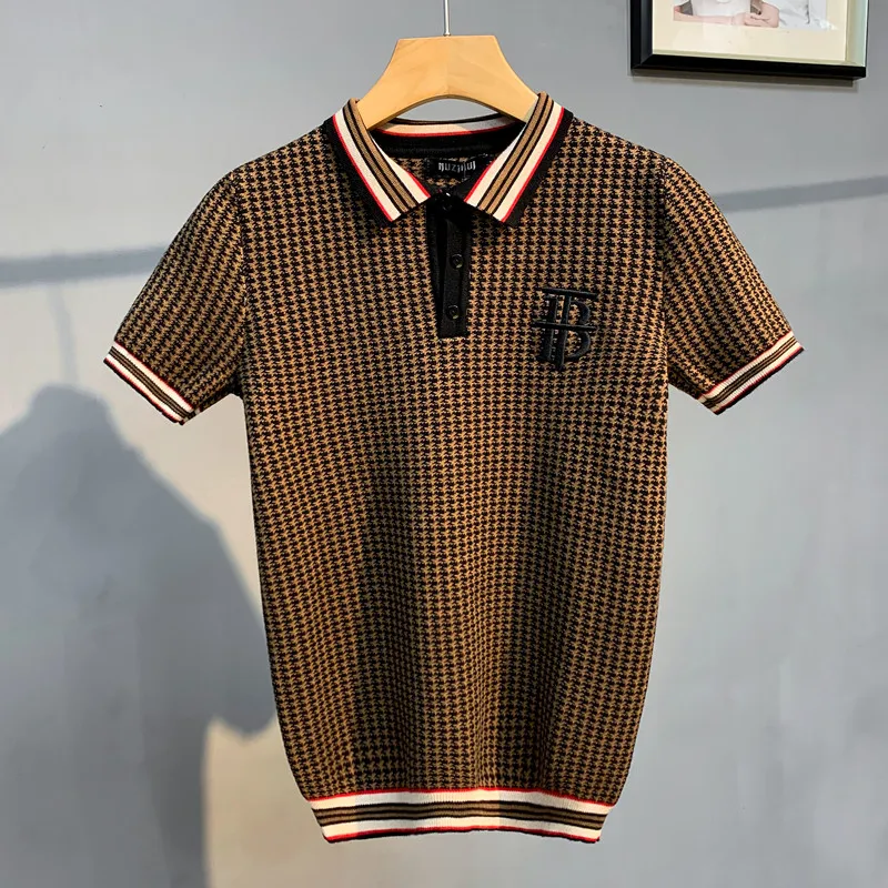 

Мужская приталенная трикотажная рубашка-поло, рубашка-поло с вышивкой, жаккардовая Футболка с воротником «гусиная лапка», Клубная одежда, л...