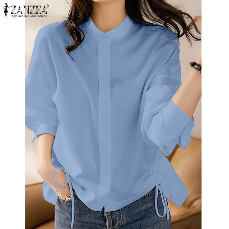 

Модная блузка с круглым вырезом и длинным рукавом, женские офисные блузки, женские праздничные однотонные рубашки ZANZEA, Весенняя элегантная ...