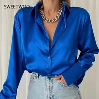 women 2022 elegant satin solid long sleeve blouses female chic vintage blue green casual loose fitting buttons down shirts tops