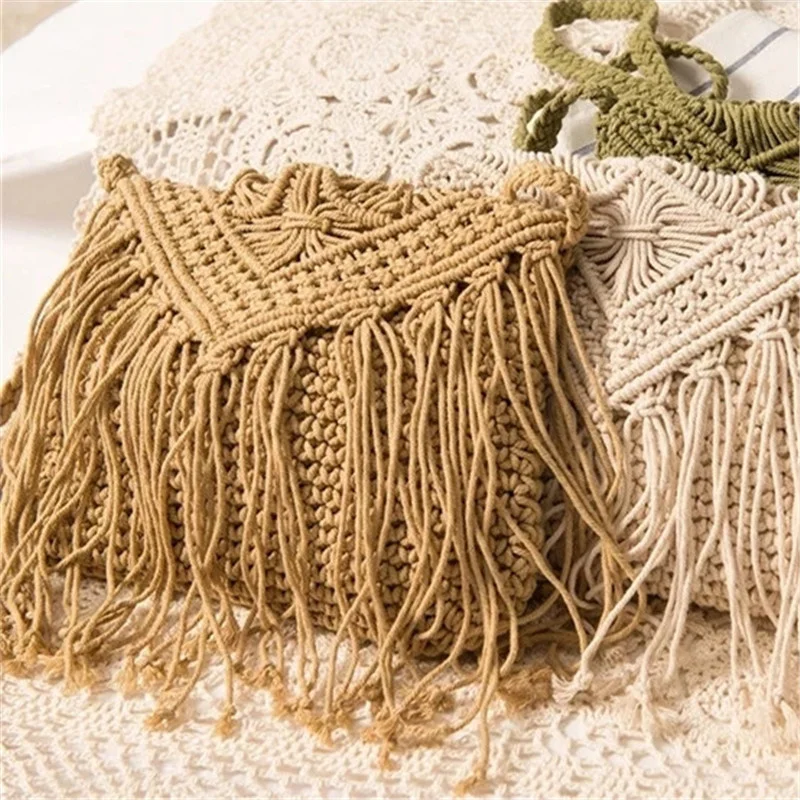 

Bolsa de praia retrô de palha de algodão de ombro com borla simples