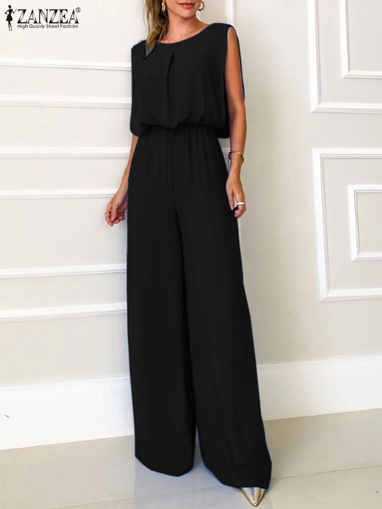 

ZANZEA Elegant Wide Leg Playsuit Fashion Sleeveless Long Romper Casual Summer Jumpsuit Women Elastic Waist Solid Color Overalls