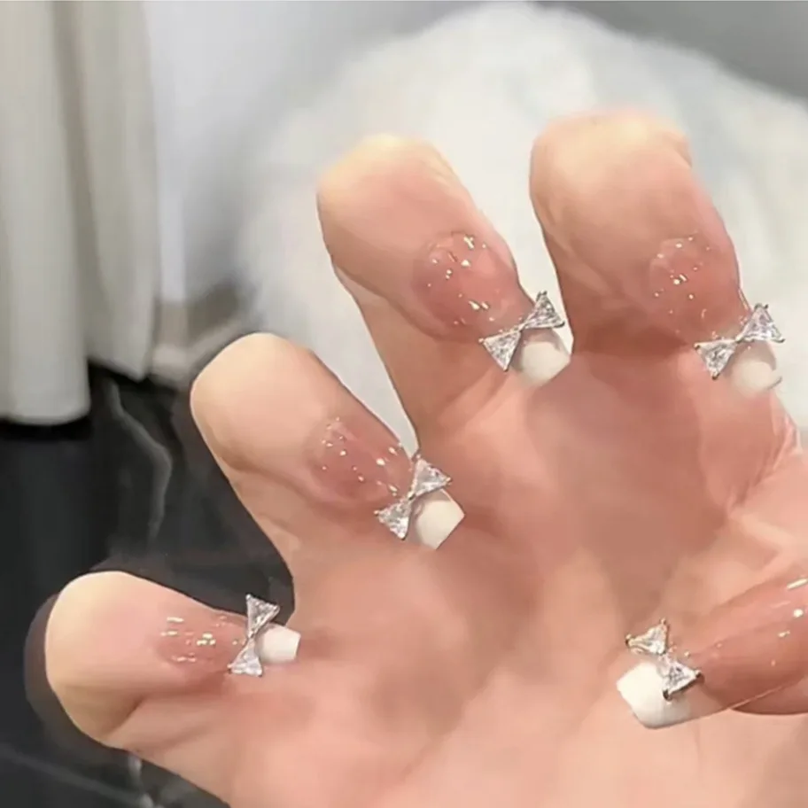 

24Pcs French Ballet Coffin False Nails With Glue Zircon Bow Decoration Design Press On Nails Detachable Acrylic Manicure Tips