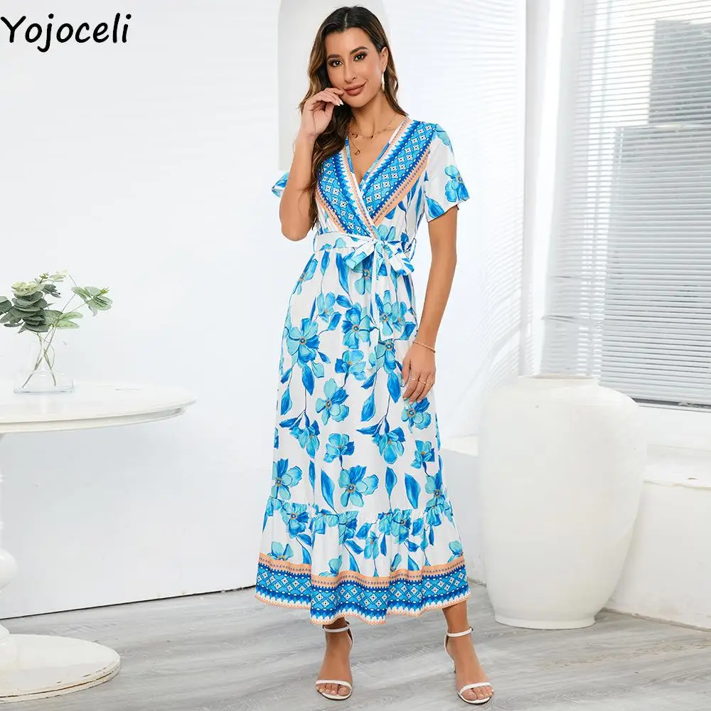 

Yojoceli Boho summer women print floral dress Long wrap bow sashes maxi dress Beach casual ruffle female dress vestidos