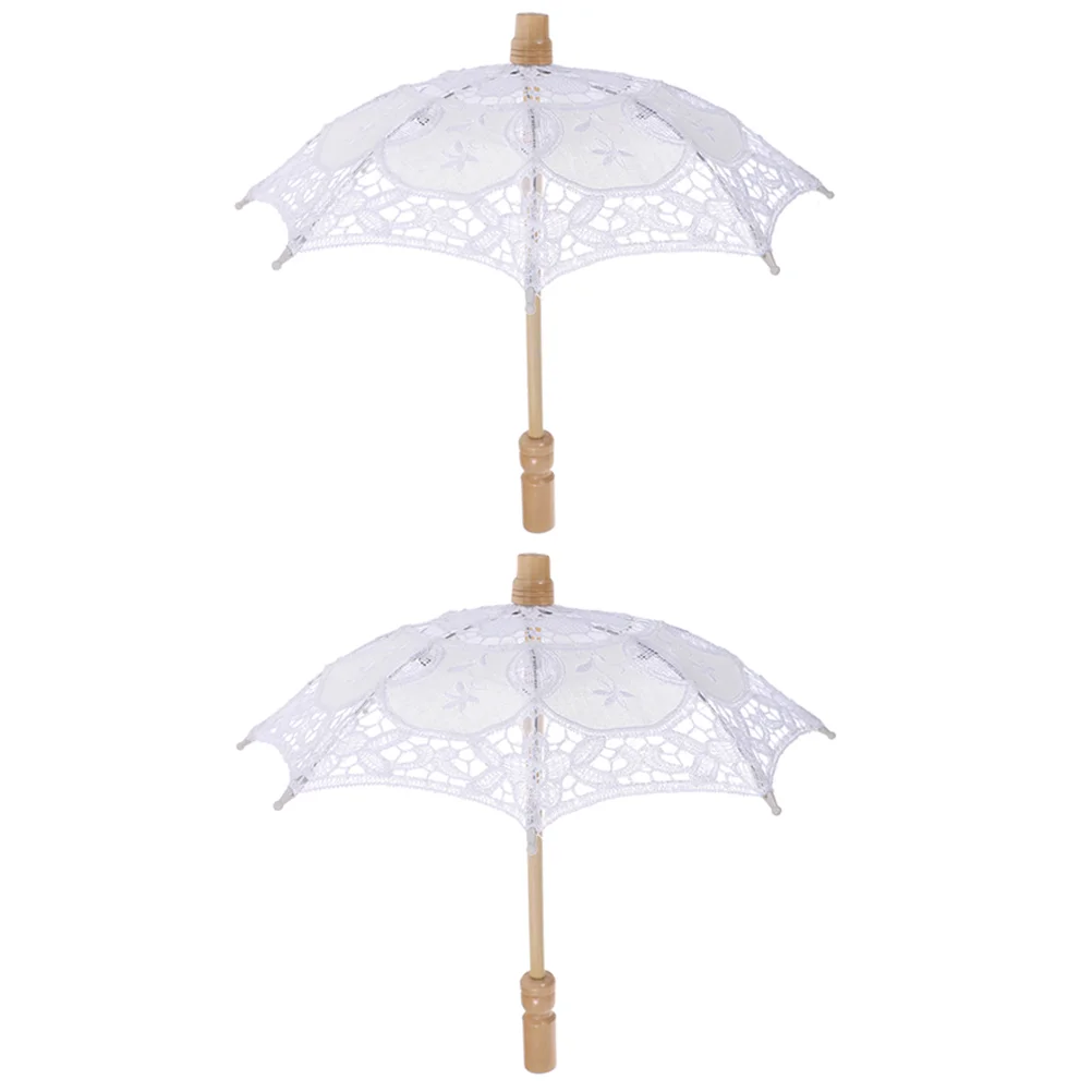 

2 Pcs Prop Umbrella Wedding Scene Decor White Umbrellas Black Lace Parasol Veil Ornament Decorative Vintage Women