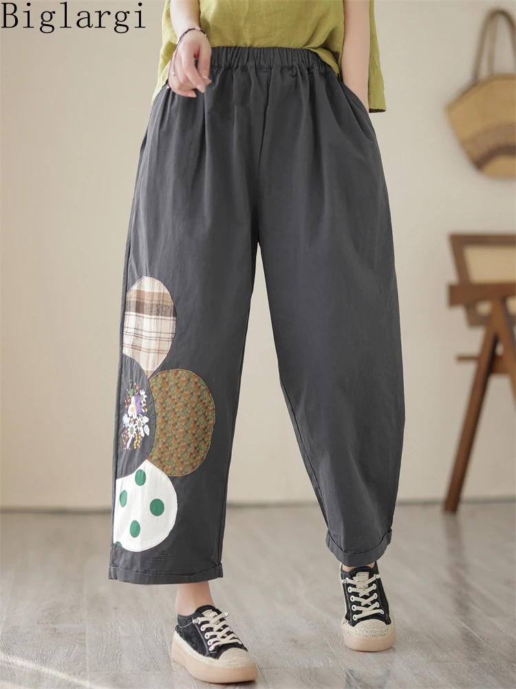 

Большие летние модные повседневные женские широкие брюки до щиколотки с цветочной вышивкой в Корейском стиле; Женские свободные брюки боль...