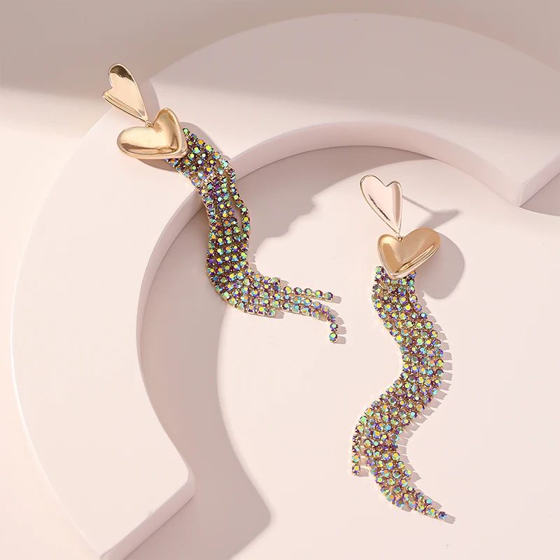 

Новые женские длинные серьги в форме сердца с кисточками, инкрустированные 5 рядов цветных бриллиантов, Модные металлические серьги, Многоф...