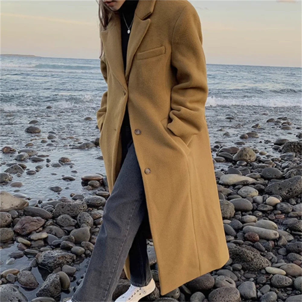 Зимнее новое шерстяное пальто женское прямое твидовое в стиле ретро длинное с