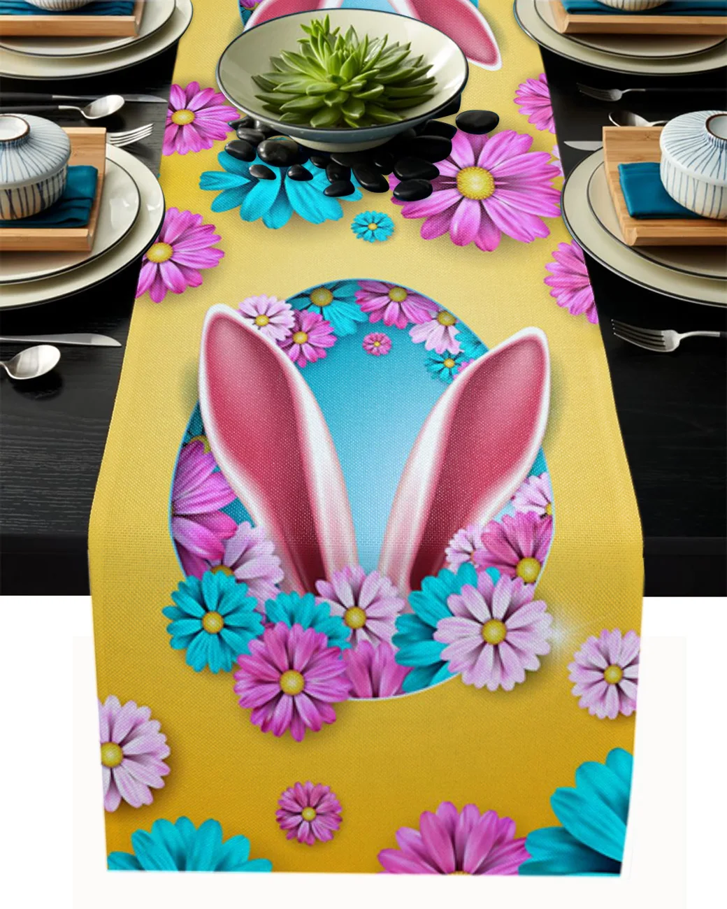 

Easter Colored Flower Rabbit Ears Table Runner Wedding Party Table Decorations for Home Decor Gift Favor Placemat Tablecloth