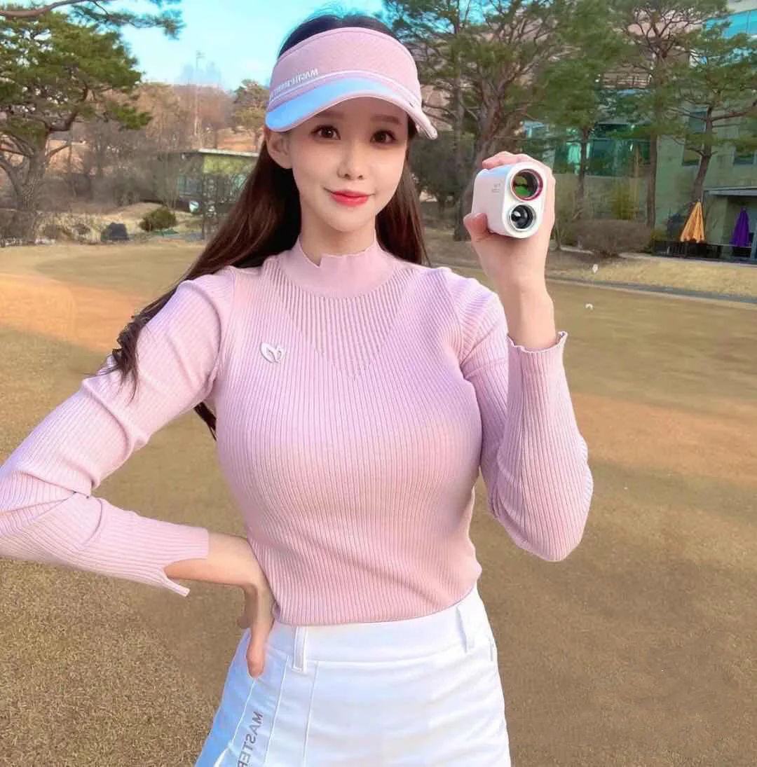 Autumn winter 2022 new golf long-sleeved sweater women's vertical stripe slim stretch collar hollow knit outdoor sports leisure