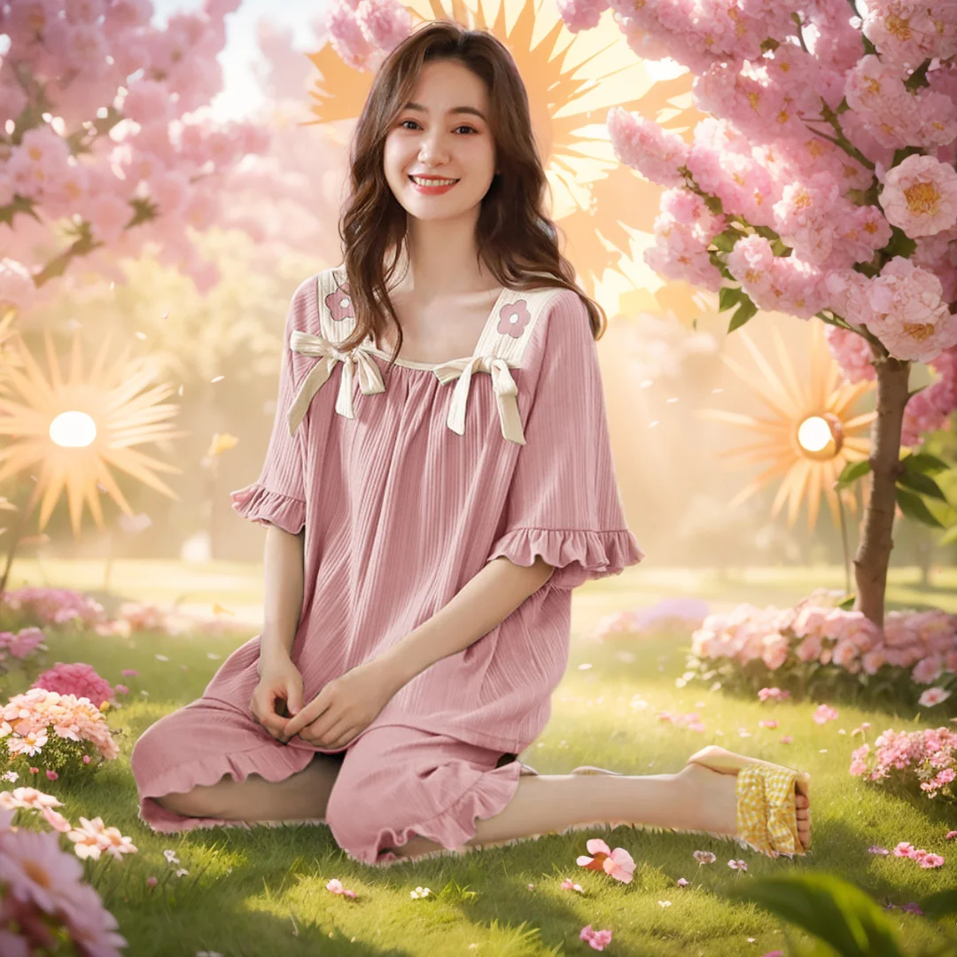 

Summer Pajamas Set Short Sleeve Tops Shorts 2Piece/Set Spring Casual Sweet Cartoon Pyjama Big Size Homewear Cozy Sleepwear