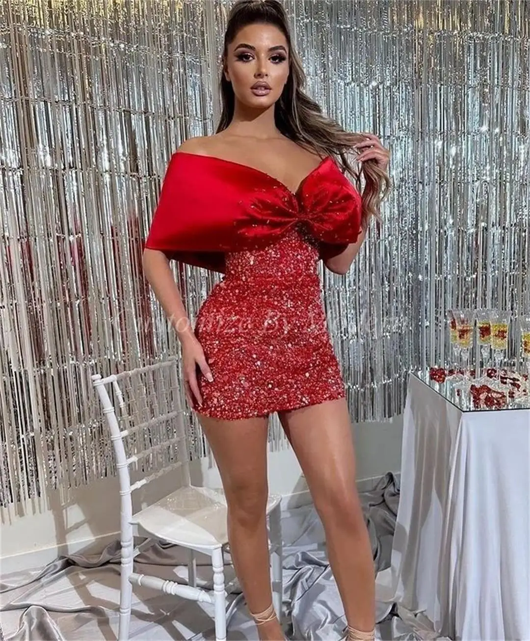 

Red Sequins Short Prom Dresses Sheath Off The Shoulder Bow Saudi Arabic Women Evening Gowns Formal Party