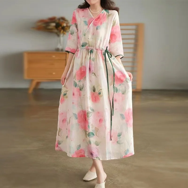 

Elegant Pink V-neck Floral Printed Ladies Dress Casual Chiffon Loose Lace-up Long Dress Women Three-quarter Sleeves Robe 26844