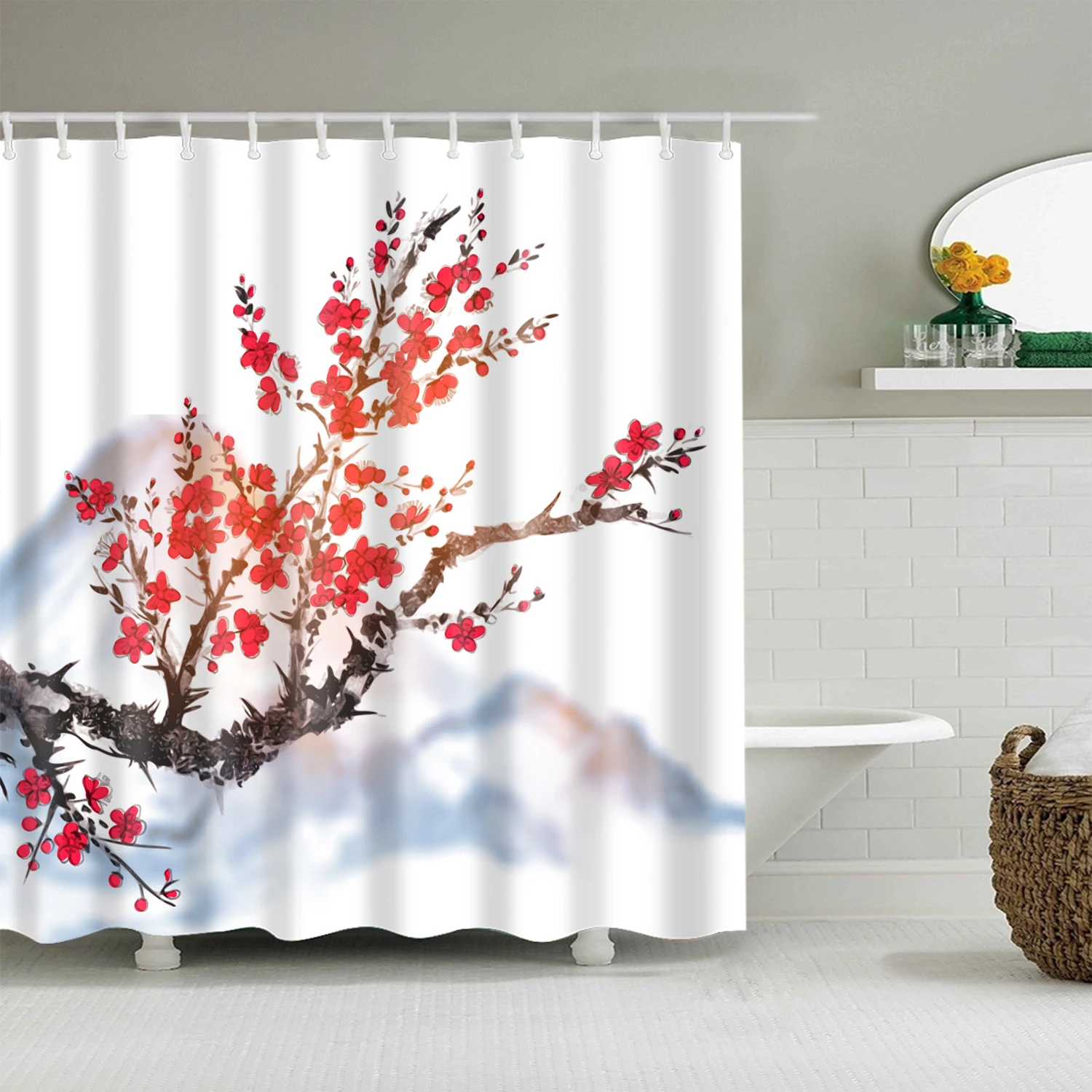 

Japanese Style Cherry Blossoms Red Rose Shower Curtains Bathroom Curtain Frabic with Hooks Waterproof Polyester Bathroom Curtain