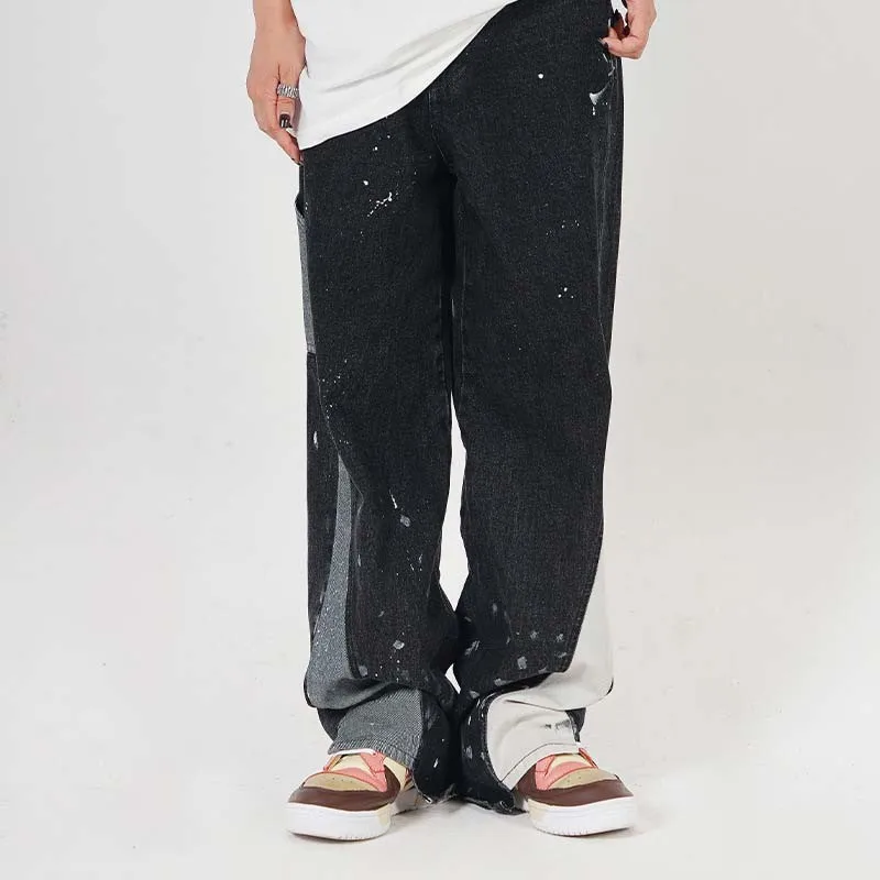 

2022 Autumn And Winter Man New Fashion Korean Style High Street Hip Hop Spray Paint Splicing Jeans Loose Casual Jeans