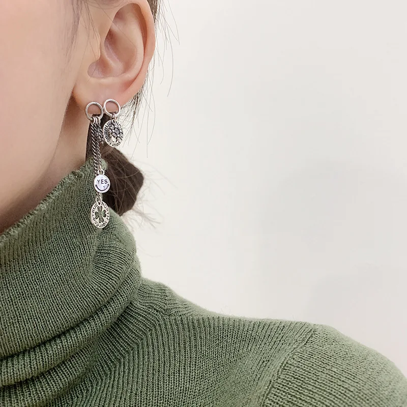 

Weiyue S925 Sterling Silver Needle Retro Style Asymmetric Long Earrings Women's Tassel Chain Round Stud Earrings Birthday Gift