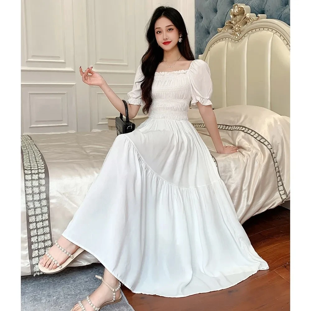 

French Retro Bubble Sleeve Tea Break Sweet Long Skirt Dress Cotton Silk Floral Big Skirt Beach Skirt Holiday Lady