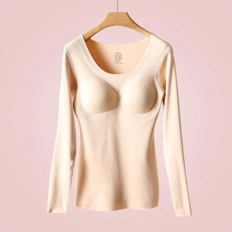 Dralon Thermal Underwear Women's Fleece Thickened Backing Shirt Solid Color Without Traces With Chest Cushion Winter