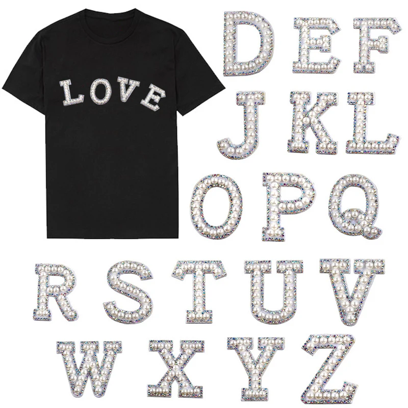 

1Pcs Hot DIY A-Z Gold Letter Fashionable Twinkling Pearl Rhinestone Alphabet Patches For Clothes 3D Beads Applique Iron