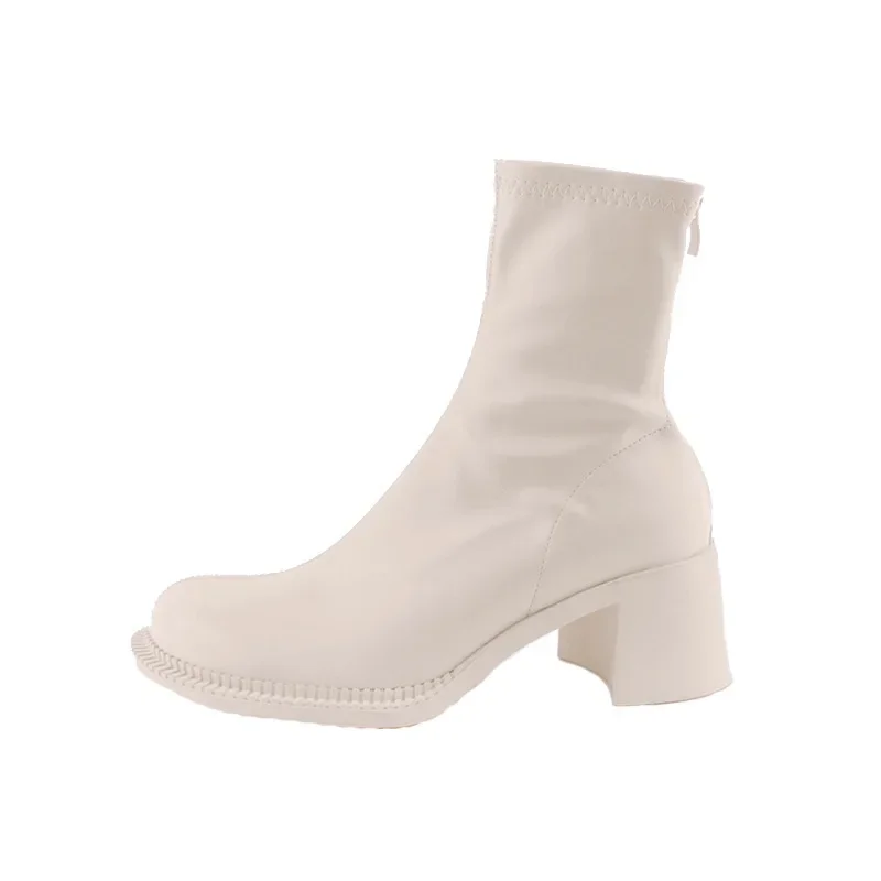 Женские ботинки с круглым носком средний толстый каблук молния сзади однотонные