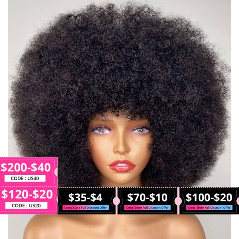 Fluffy Afro Kinky Curly Human Hair Wig With Thick Bangs Natural Short Bob Wigs For Black Women 180% Density Full Machine Hair