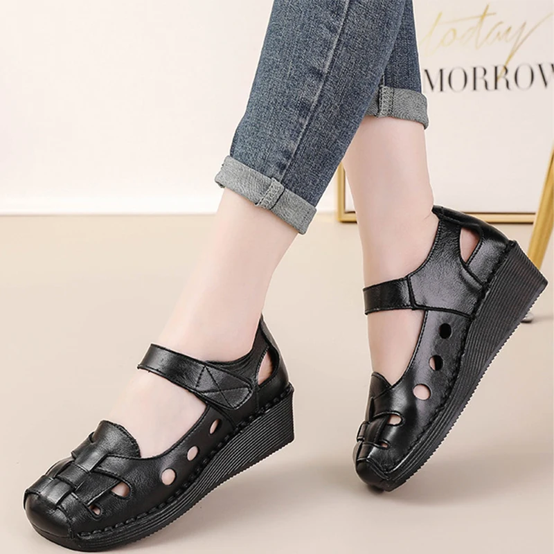 Quality Woven women's Shoes New Summer Genuine Leather Fashion Simple Soft Beach Roman Vacation Flat Women's Sandals