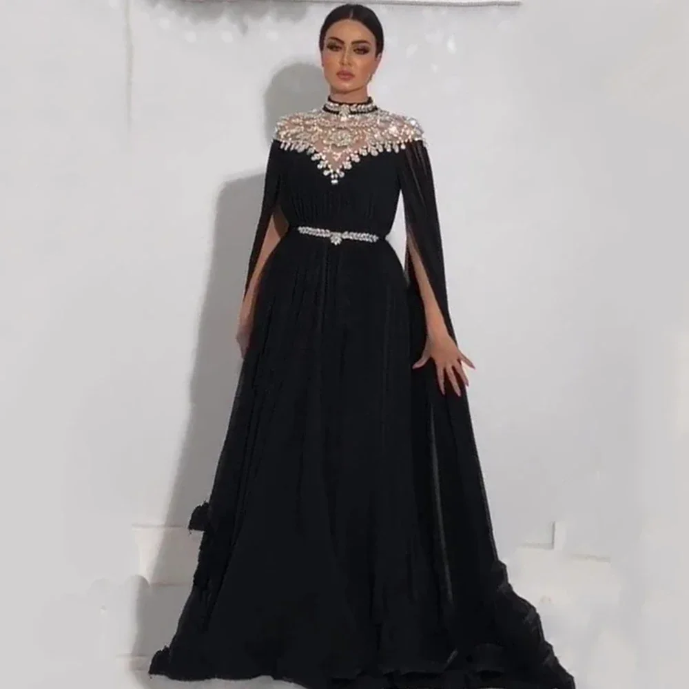 

Мусульманские блестящие вечерние платья с высокой горловиной и кристаллами 2024, черные шифоновые длинные платья Дубая, арабского цвета для официальной вечеринки, выпускного вечера