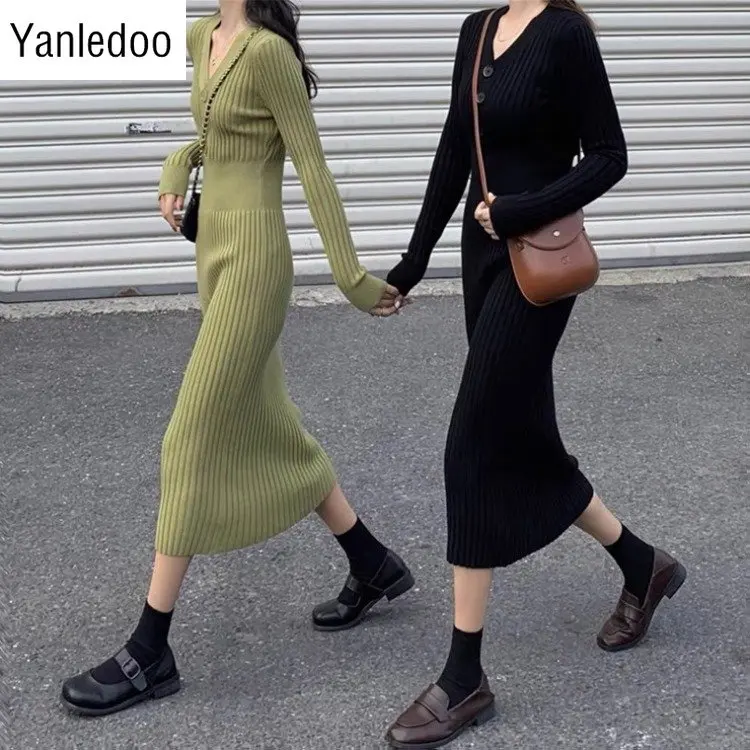 

2022 Spring and Autumn Women Temperament V-Neck Long Over Knee High Waist Woolen Dress Slim Slim Bottom Knitted Dress