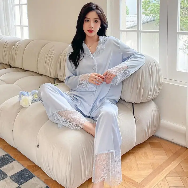 

Lace Trim Pajamas Set Women Long Sleeve Sleepwear Rayon Shirt&Pants pj's Suit Homewear Lapel Nightwear Casual Pyjamas Lingerie