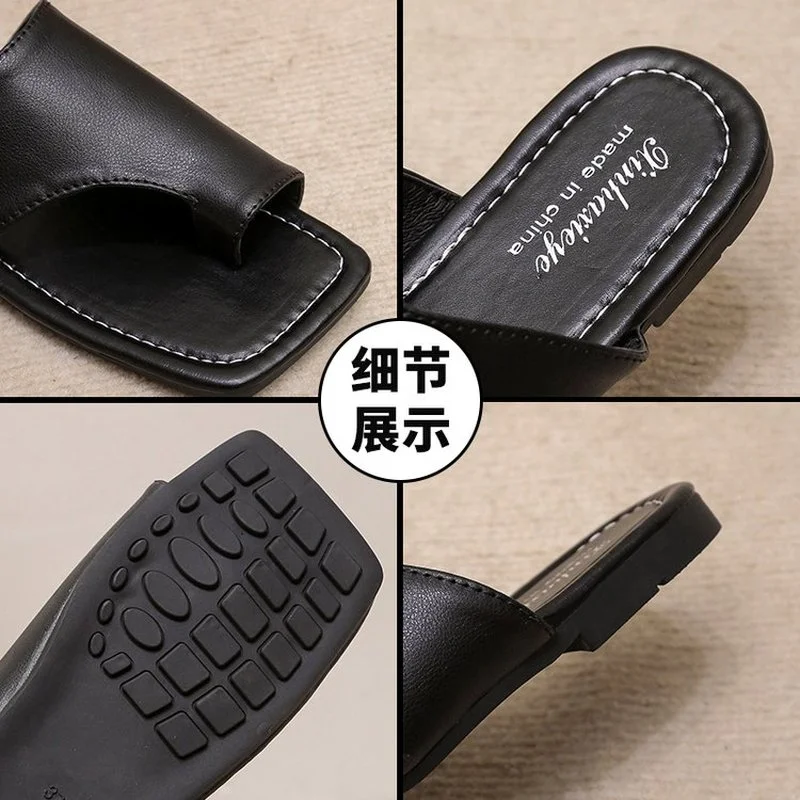 2022   Women's Flip-flops Flip-flops Flat Solid Color Square Toe Casual Women's Sandals Sewn Comfortable Beach Summer Size 35-43