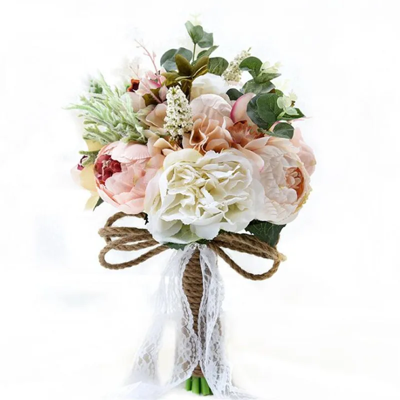 

White Bridal Wedding Bouquet for Bridesmaid Rose Plastic Flowers Artificial Ribbon Big Mariage Bouquet Wedding Party Accessories