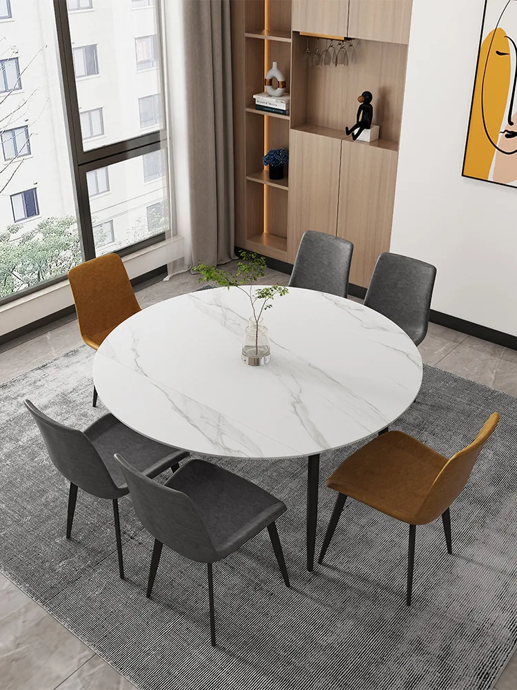 

Italian light luxury folding retractable rock plate dining table combination modern simple household small family round table