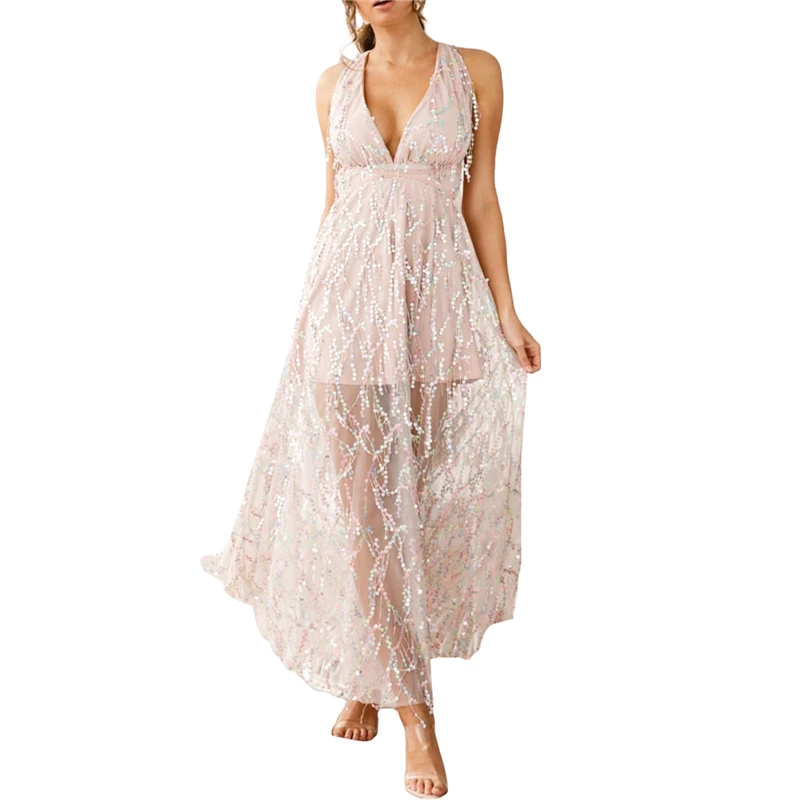 

Sequin Dress Women y2k Glitter Low Cut Sleeveless Backless High Waist Slit Long Dresses Sexy Night Out Party Dresses Clubwear