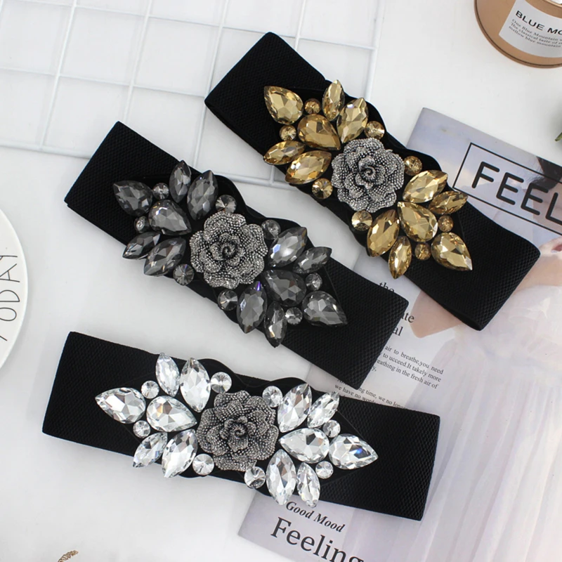 

Female Rose Flower Rhinestone Elastic Waistband Tight Black Belt For Women Waist Cinch Band Dress Overcoat Clothing Accessories