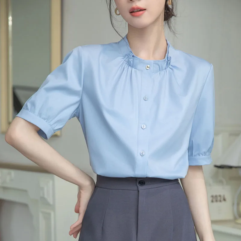 Модная женская рубашка с коротким рукавом и воротником-стойкой Офисная Женская