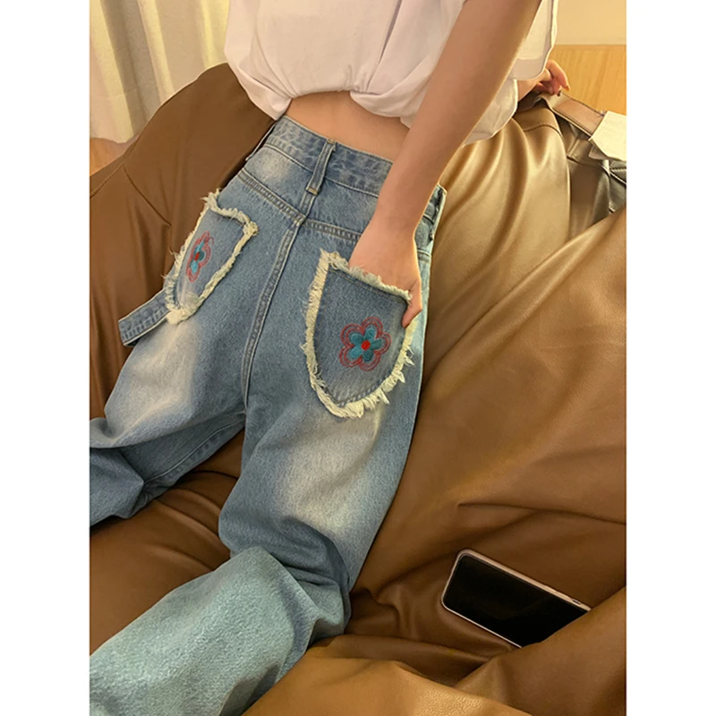 Fashion Denim Wide Leg Vintage Baggy Blue Women's Jeans Straight y2k Loose High Waist Trousers Flower Printing Streetwear Pants