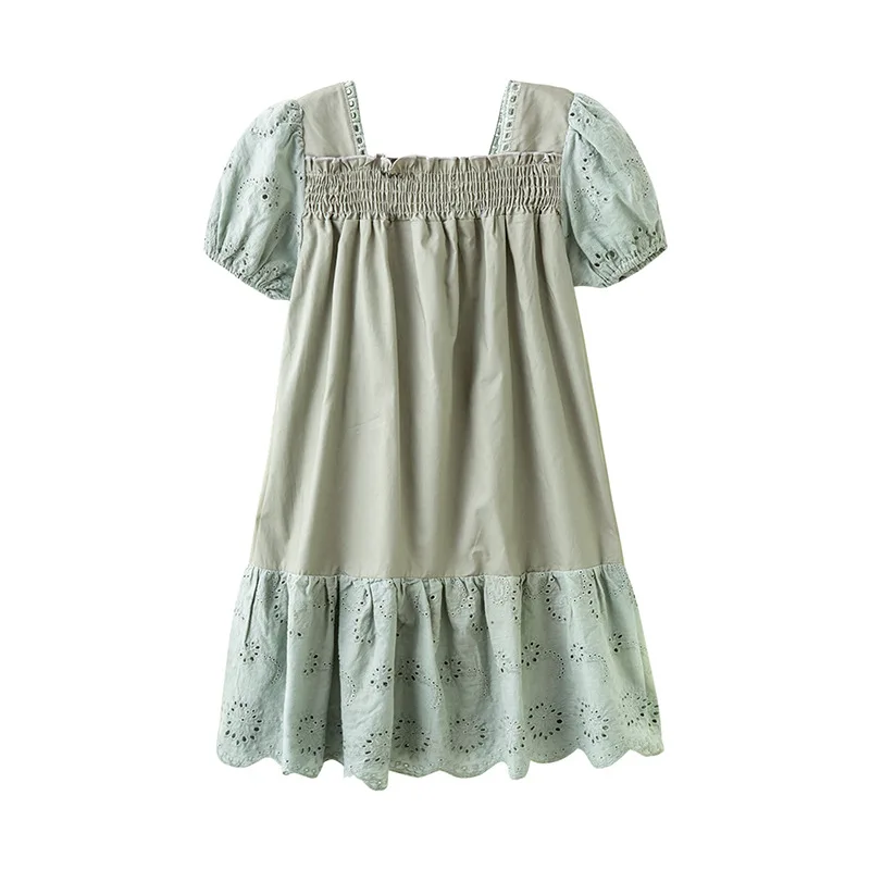 Girls dress summer new style hollow lace stitched bubble sleeve Korean princess dress children's dress Student ID：2185713209