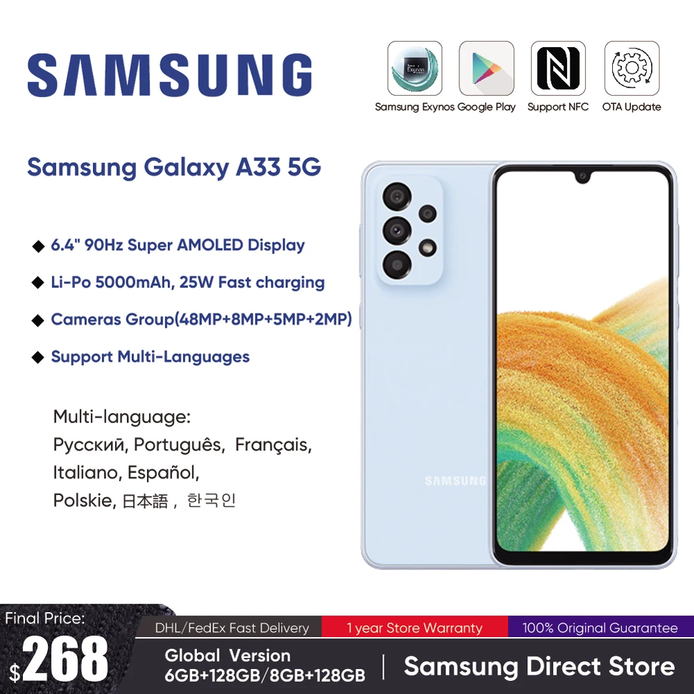 Original New Samsung Galaxy A33 5G Smartphone Exynos 1280 Octa-core 5000mAh 25W Fast Charging Phone 90Hz Super AMOLED Display