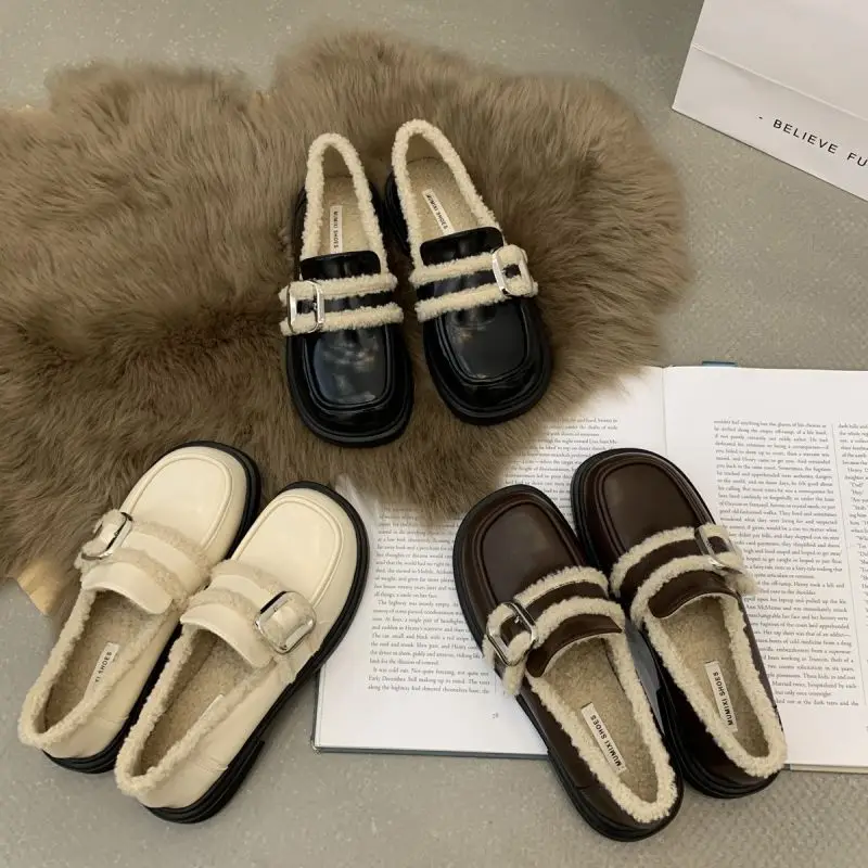 

Новинка Осень-зима 2022, женские туфли Lefu из плюша, дизайнерская обувь из супер-волокна, плюшевая теплая женская обувь на плоской подошве