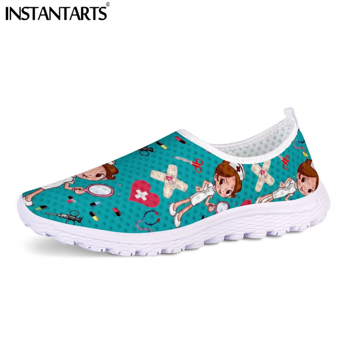 INSTANTARTS Nursing Shoes for Women Cute Cartoon Nurse Doctor Printed Slip On Flats Sneakers Spring/Autumn Casual Ladies Loafers