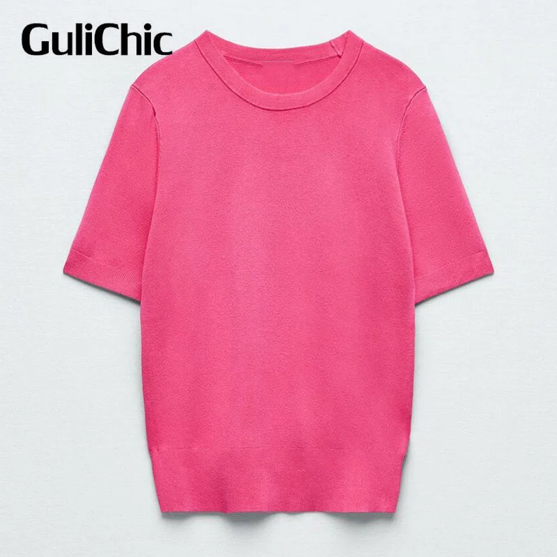 

3,29 GuliChic женская простая Удобная трикотажная футболка с круглым вырезом и коротким рукавом