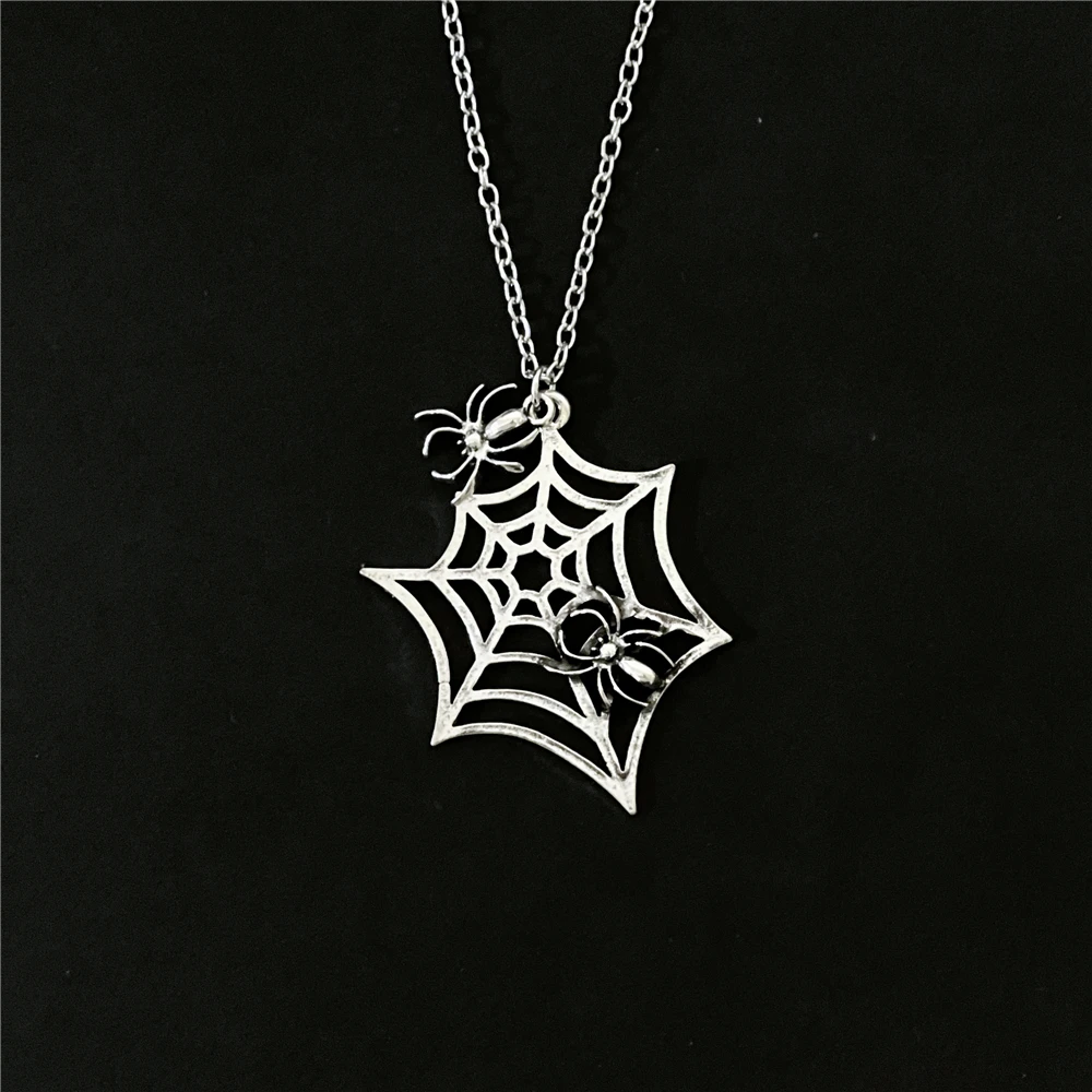 

Antique silver Cobweb Necklace With Hanging Spider Gothic Jewelry