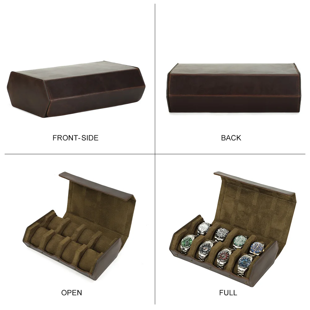 Vintage Crazy Horse Leather 8 Slots Watch Case Travel Storage Box with Slid in Out For Men Watch Organizers Box