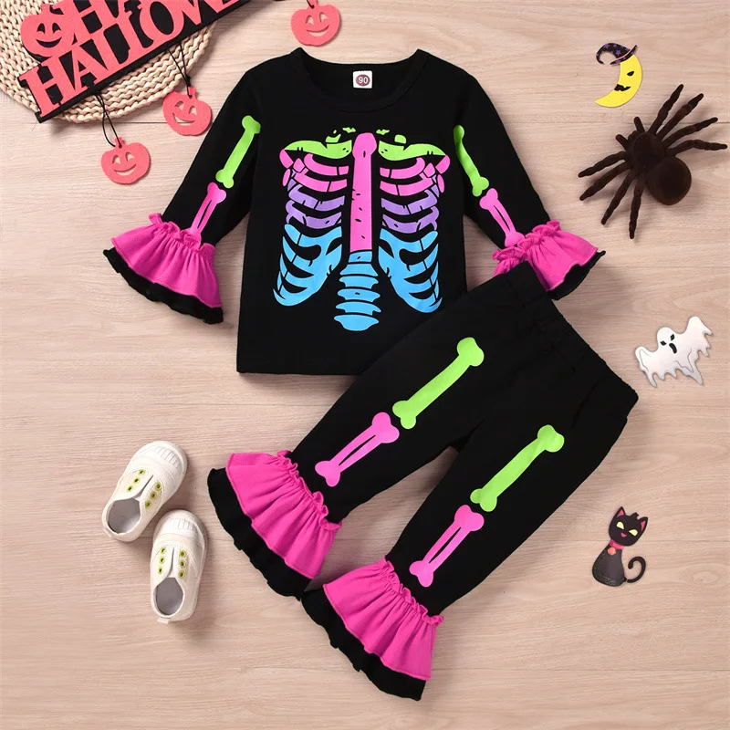 Halloween Girls Clothes Autumn 2pcs Toddler Girl Ghost Print Long-sleeve Tee and Ruffle Flared Pants Set