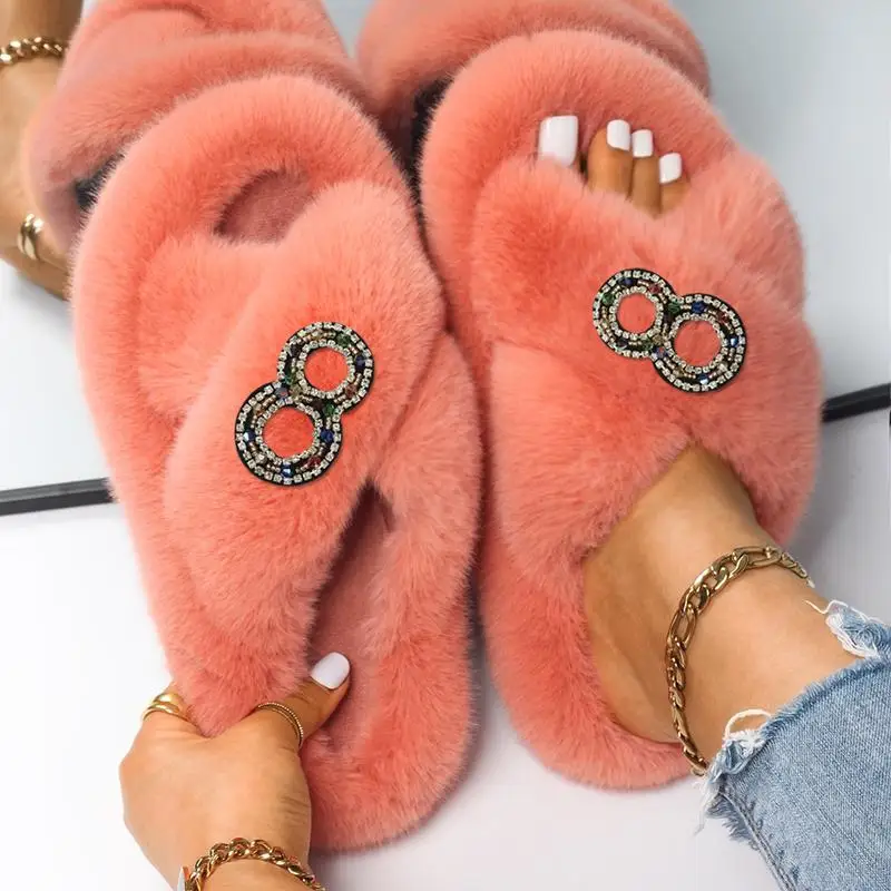 Winter Women Furry Slippers Soft Plush Faux Fur Shoes Indoor Ladies Platform Open Toe Fluffy Fur Slides House Bedroom Shoes