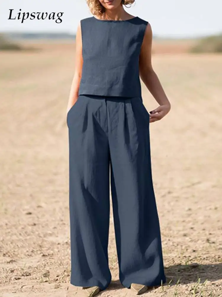 

Women's Linen Trouser Suits Summer O-Neck Solid Color Sleeveless Tops Casual Wide Leg Pants Two Piece Sets Woman Beach Outifits
