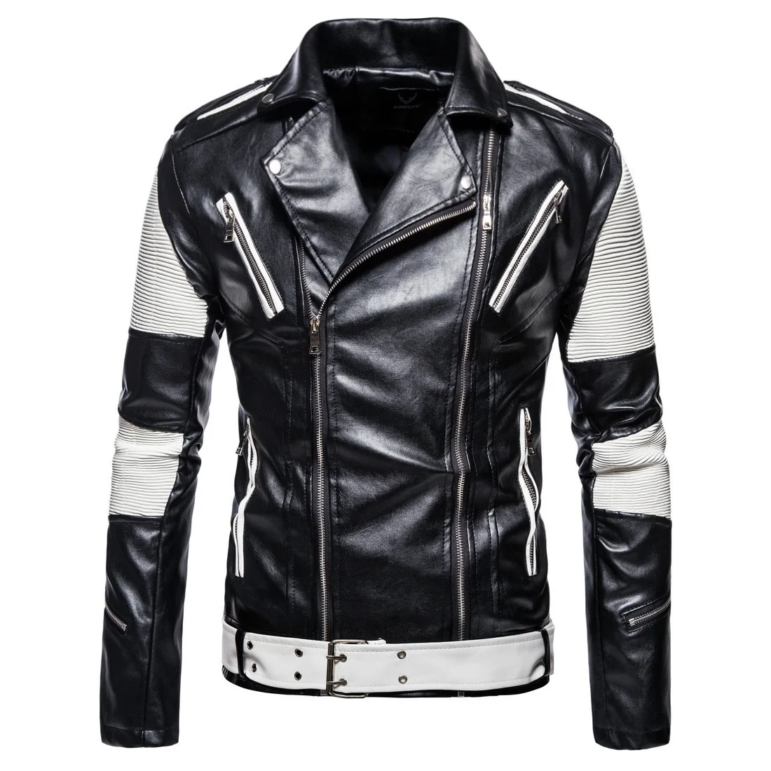 

Stitching Men's Motorcycle Color PU Biker Jacket High Street Multi Zipper Leather Coat Men