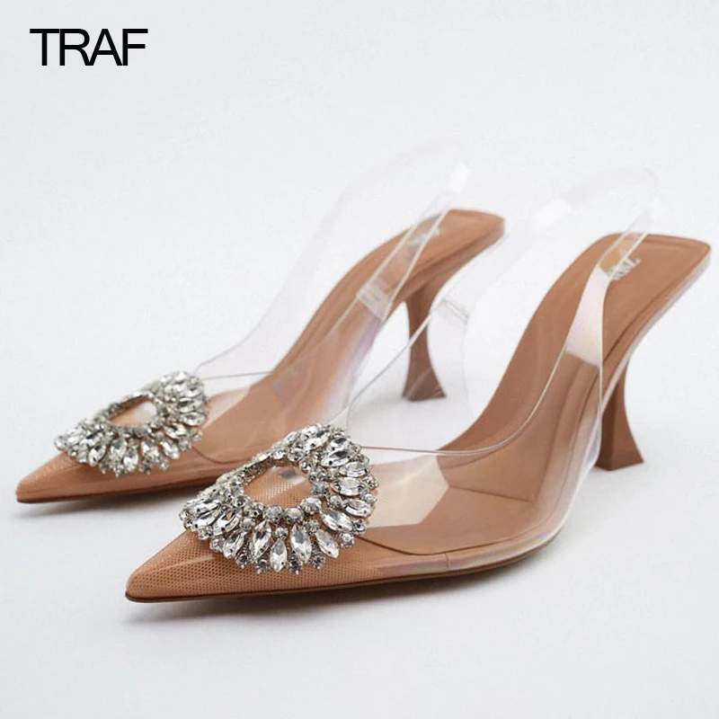 

TRAF Woman Transparent Heels Women Pumps Rhinestone High Heels Spring Summer 2022 Butterfly Heels Sandals Slingback Heeled Shoe